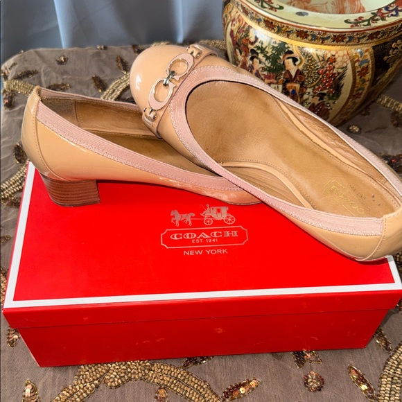 Coach Shoes - COACH Beige Patent Leather Ballet Flats with Signature Hardware